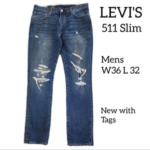 LEVI'S 511 SLIM MENS JEANS SIZE W36 L32 NEW WITH TAGS DISTRESSED DENIM